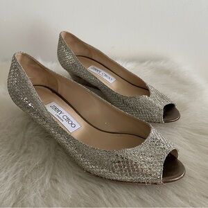 Jimmy Choo Silver Glitter Baxen Wedge Pumps Size 39.5